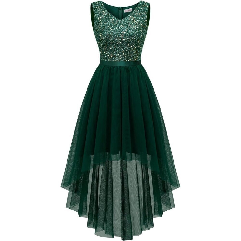 BeryLove Women Tulle  Sequin Navy Chiffon Scoop Neck Sleeveless Cocktail Dresses
